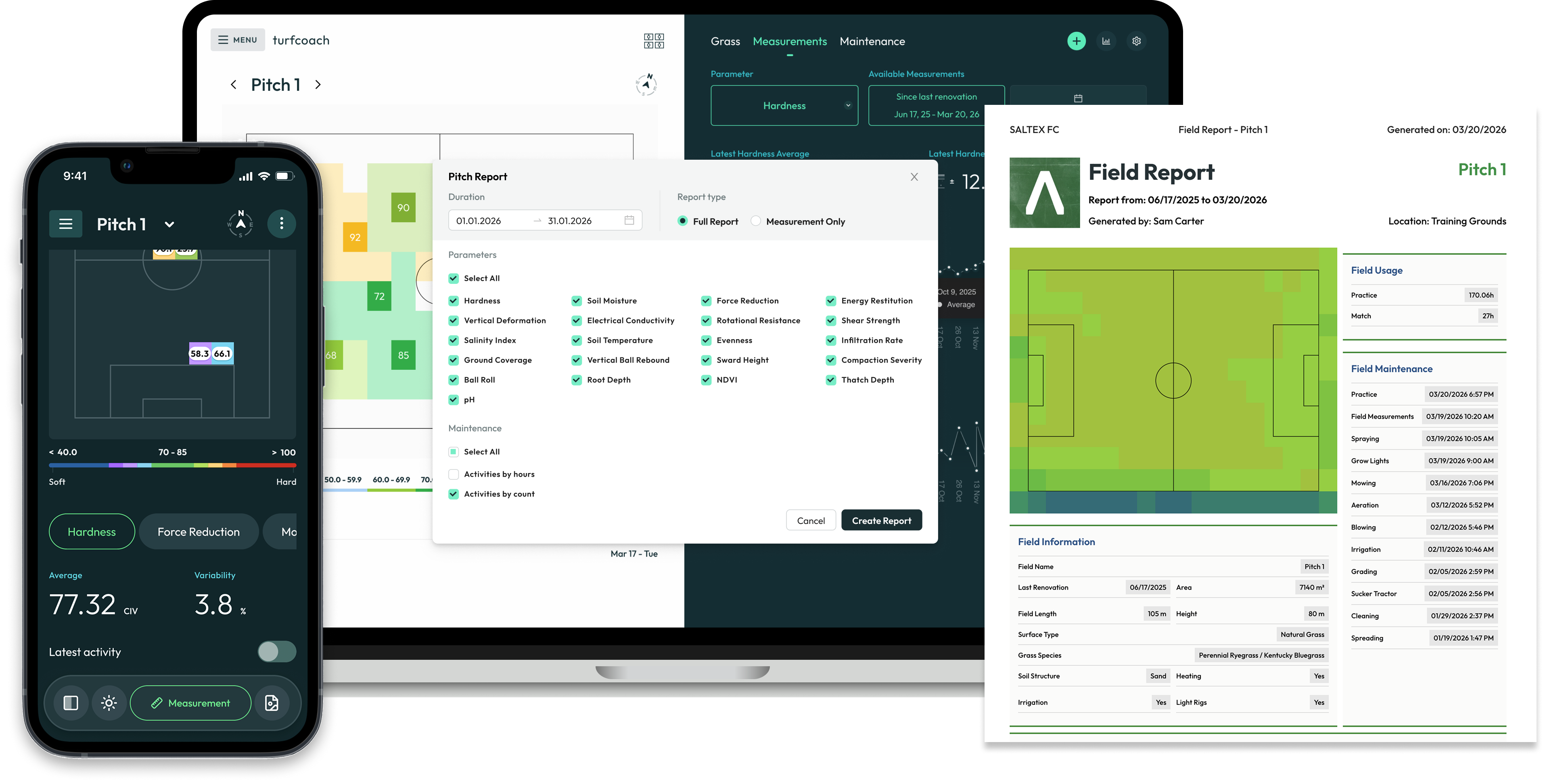 Turfcoach Testing module — field measurements, hardness mapping, and report generation