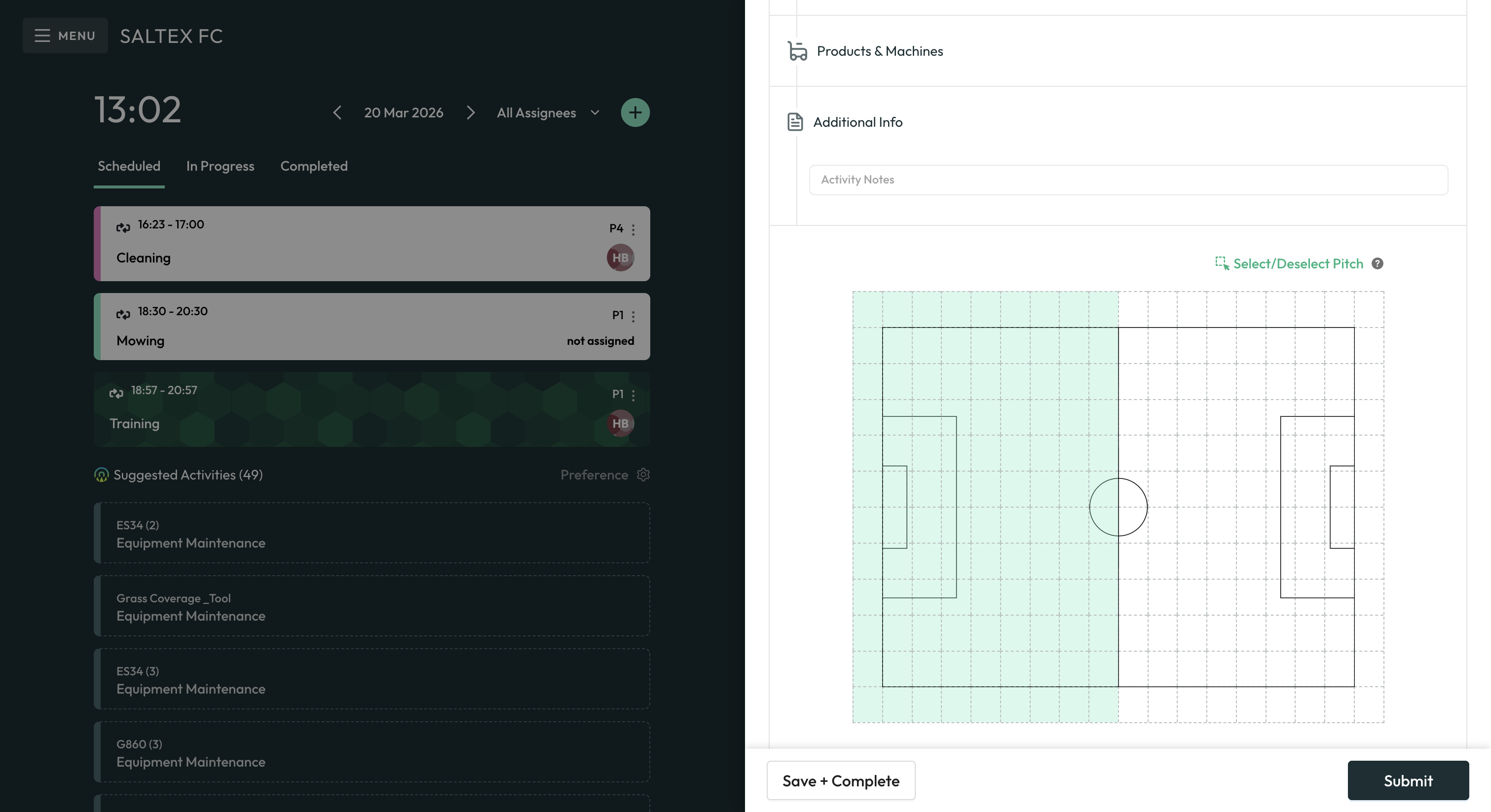 Field Usage Areas desktop — activity scheduling and pitch zone selection