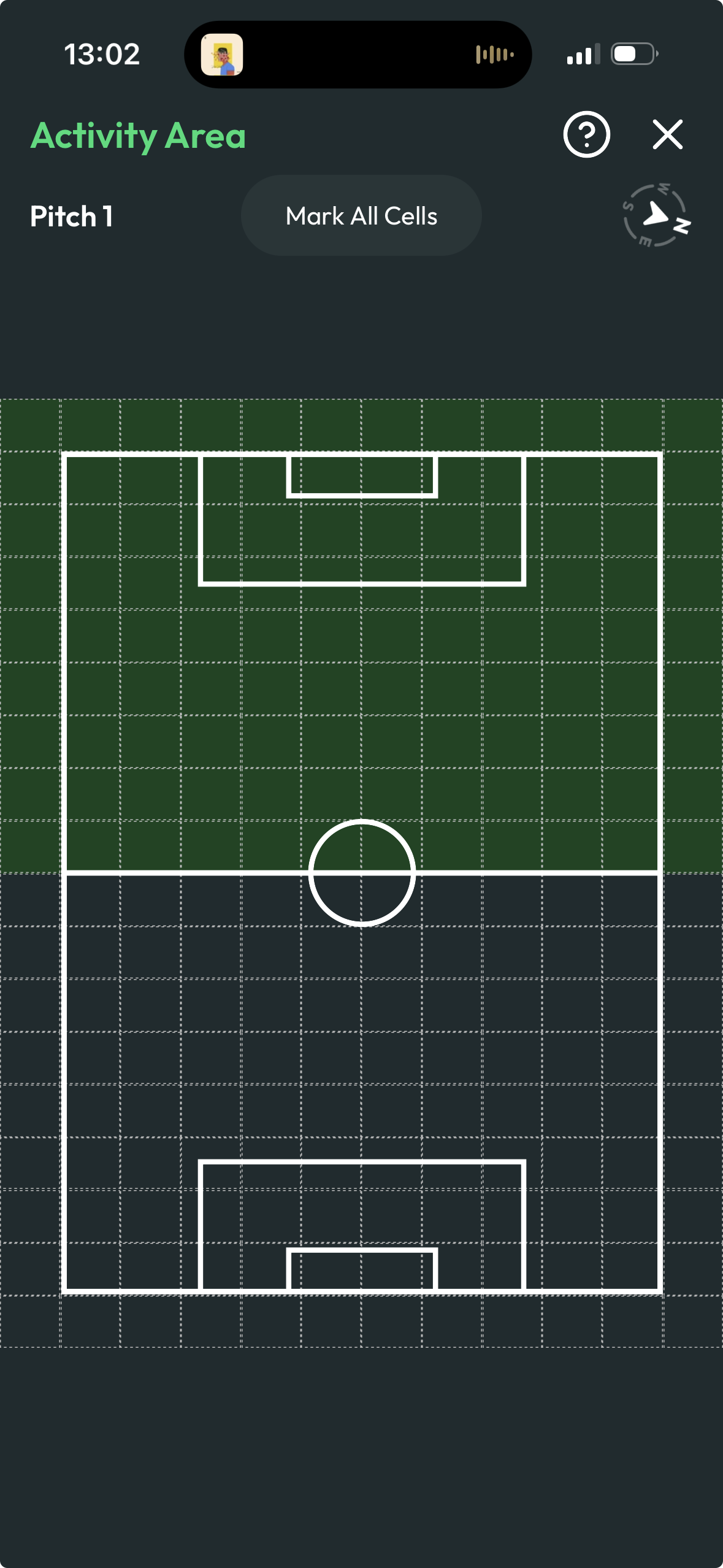 Field Usage Areas mobile — activity area selection on pitch