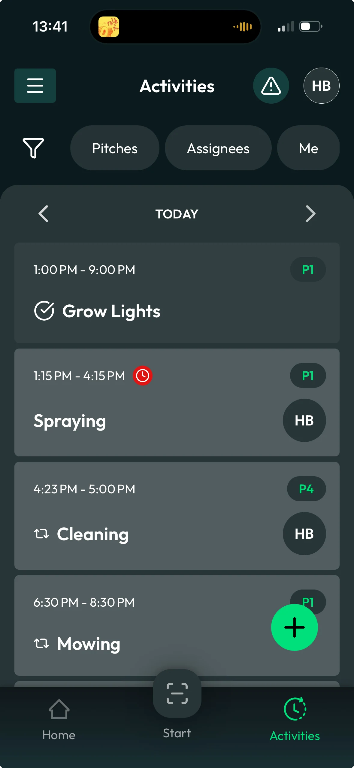 turfcoach mobile Activities screen showing daily work and the Start scan control