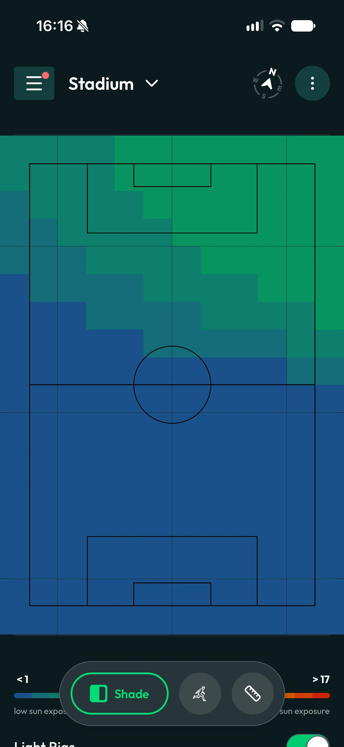turfcoach mobile showing the Stadium shade map