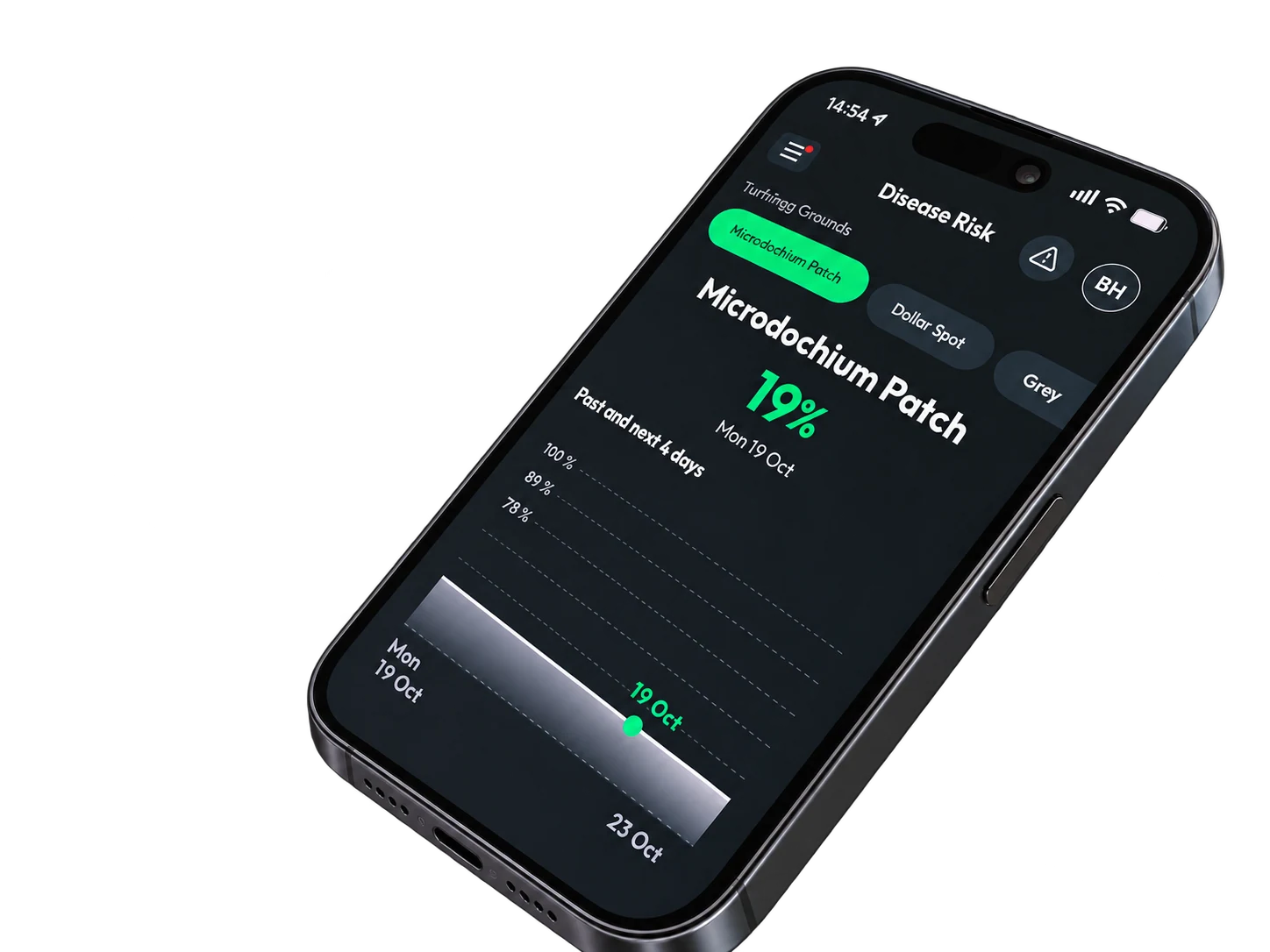 Disease Risk on a real phone showing Microdochium Patch risk and its trend