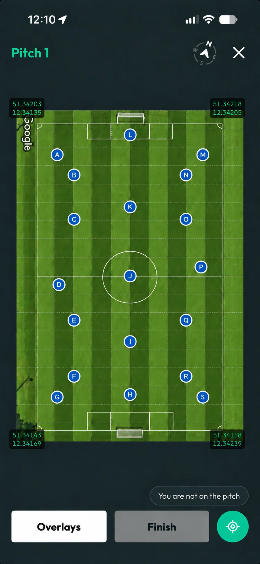 turfcoach Pitch 1 map with measurement locations A to S and a blue location indicator over an enhanced aerial image of a well-maintained football pitch