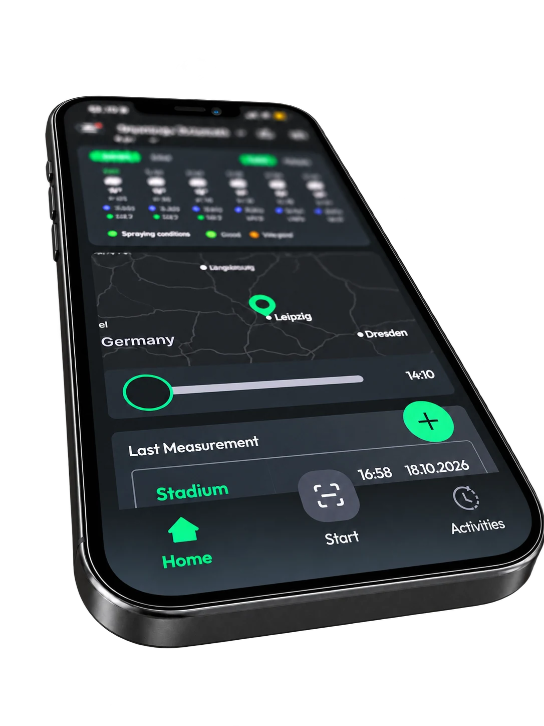 A close-up of turfcoach Home on a real phone, showing rain radar, the latest measurement and Home, Start and Activities navigation