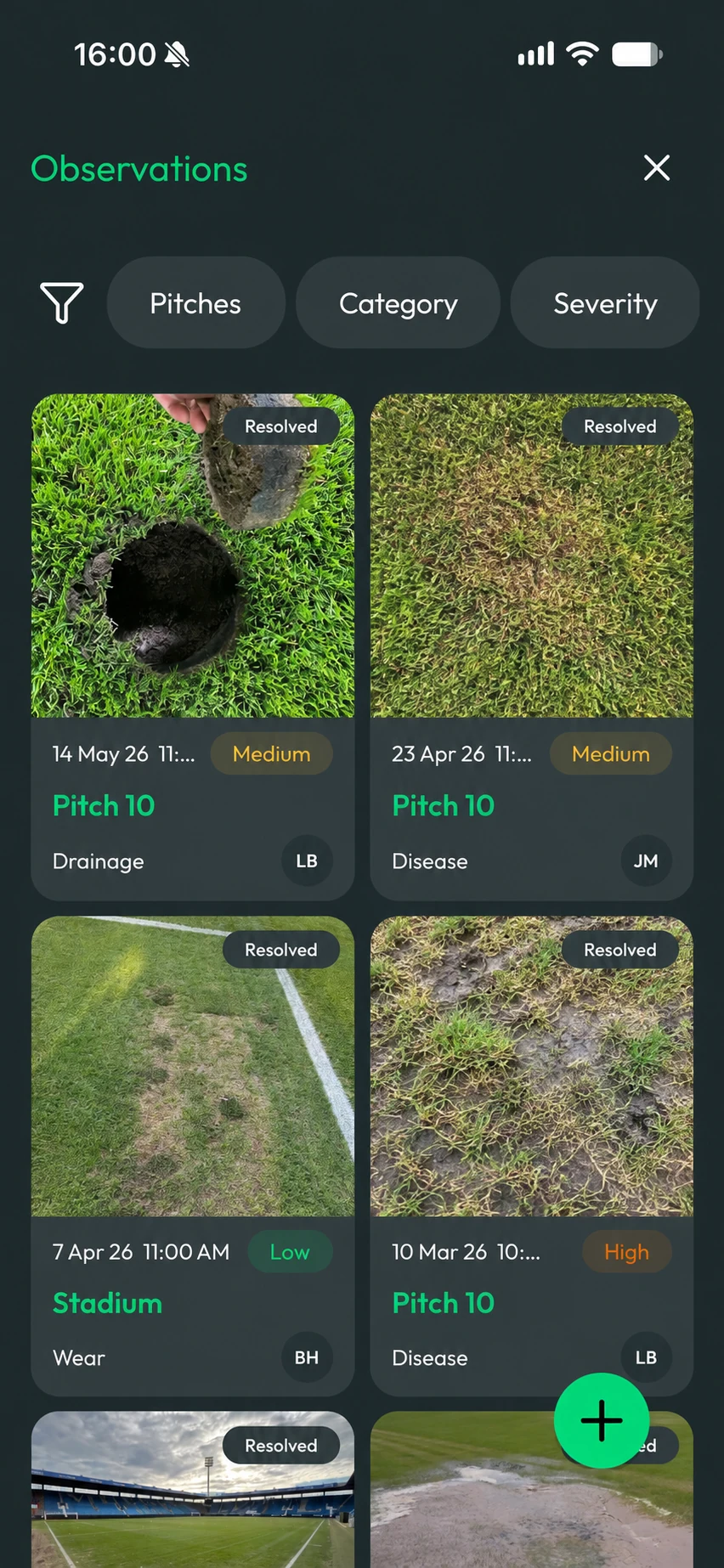 Observations with pitch, category and severity filters and turf photo previews