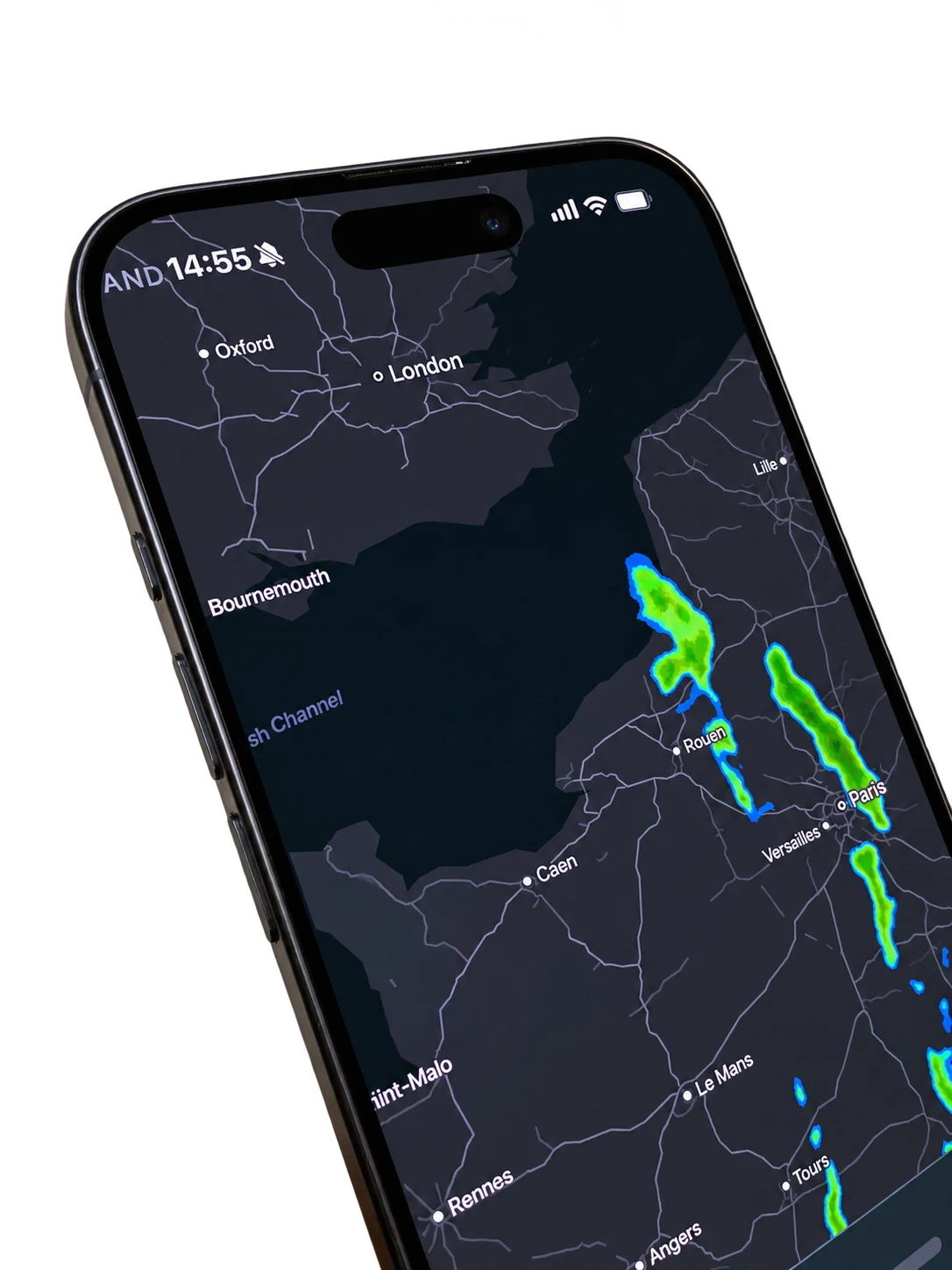 Rain radar on a real phone showing rainfall across the English Channel and France