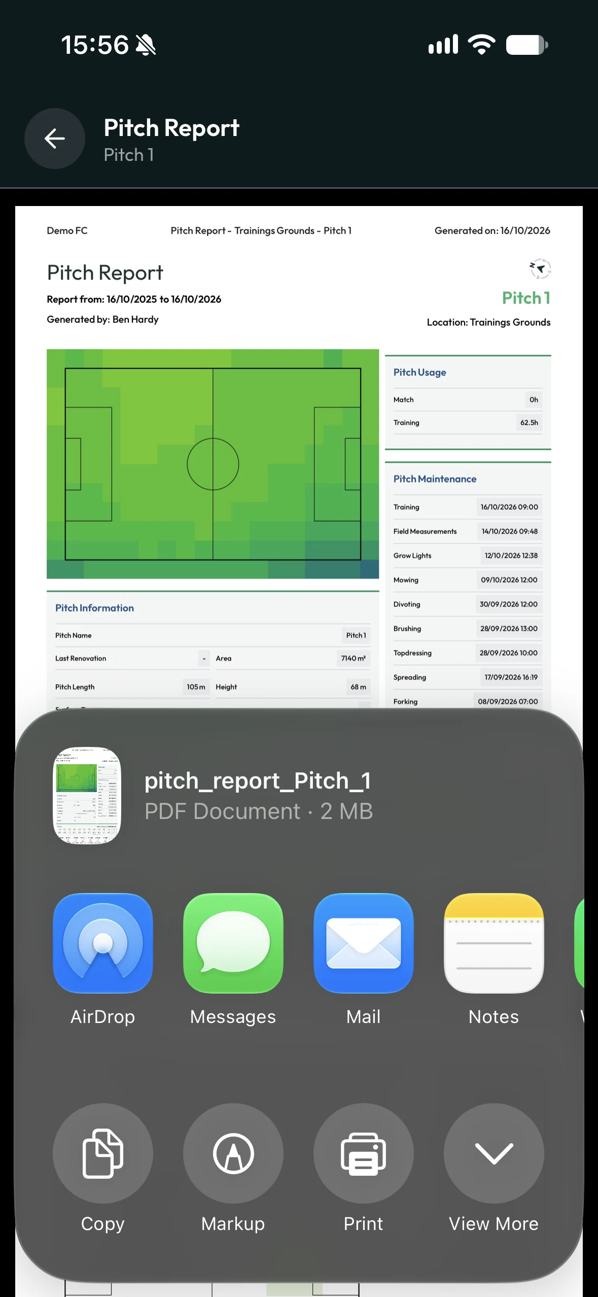 Sharing a turfcoach pitch report as a PDF through the phone’s share menu