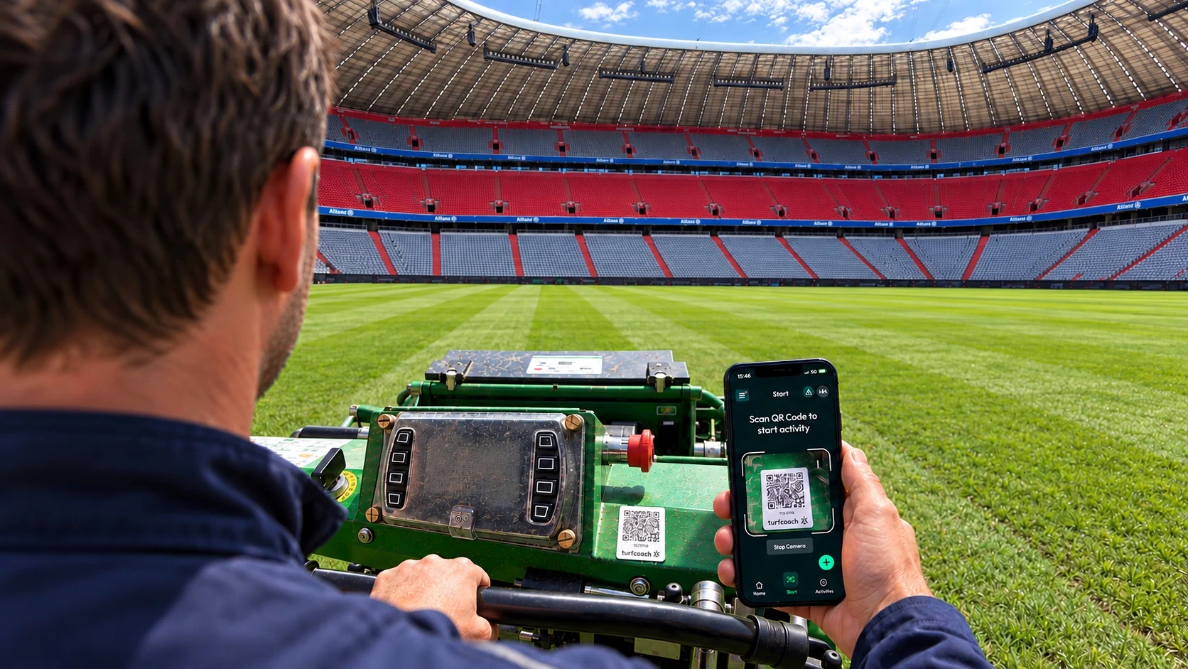 Groundskeeper using the turfcoach app to scan a mower’s QR code on a stadium pitch