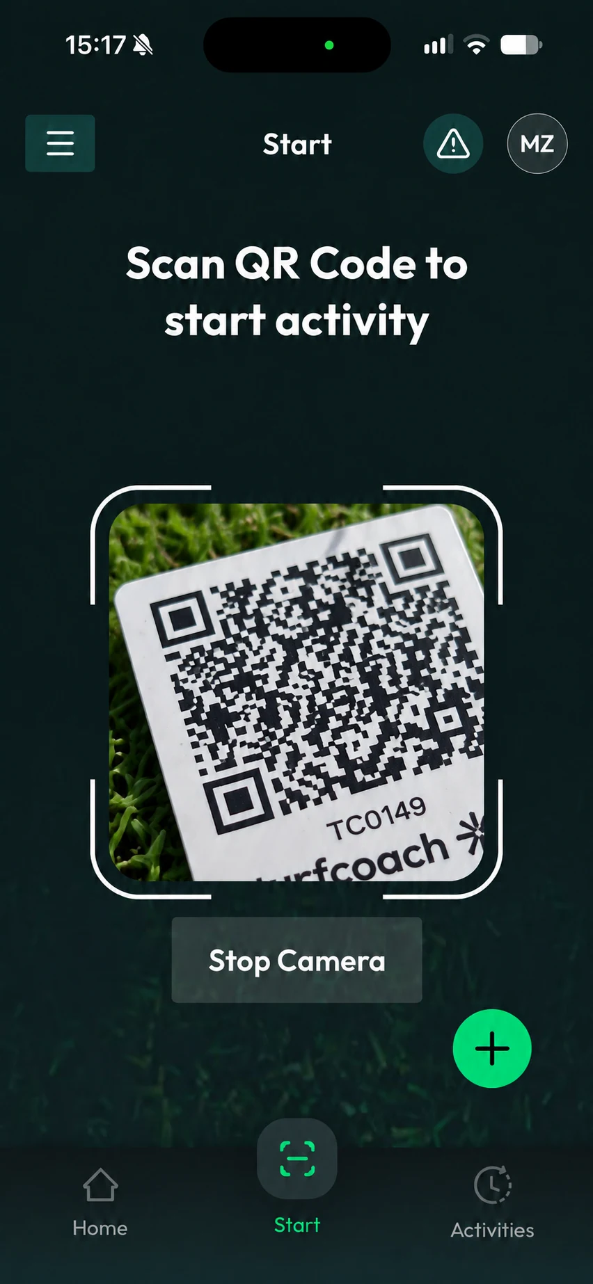 turfcoach Start screen scanning a QR code