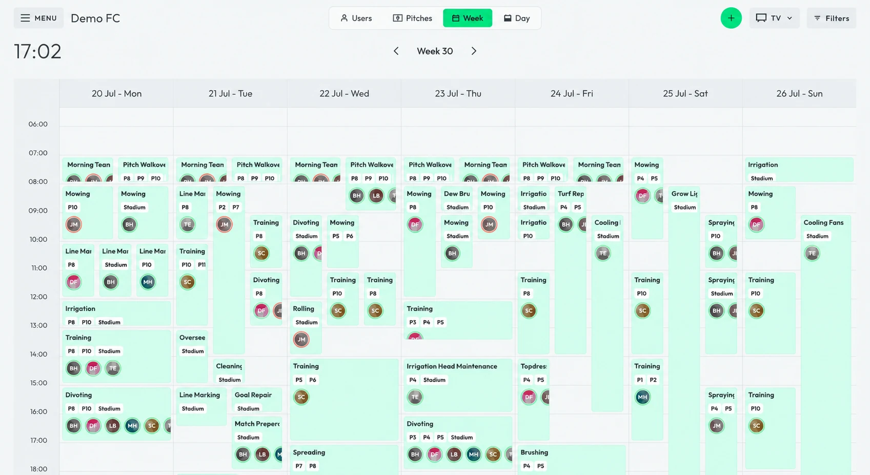 Demo FC weekly calendar showing groundskeeping activities, pitches and team assignments