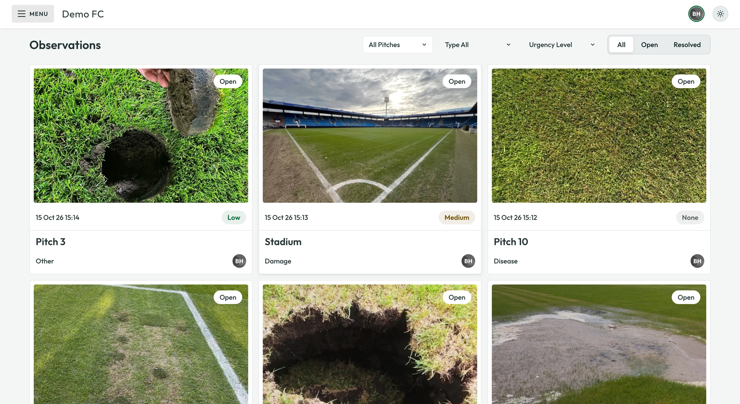Demo FC observations with pitch photos, open findings and urgency levels