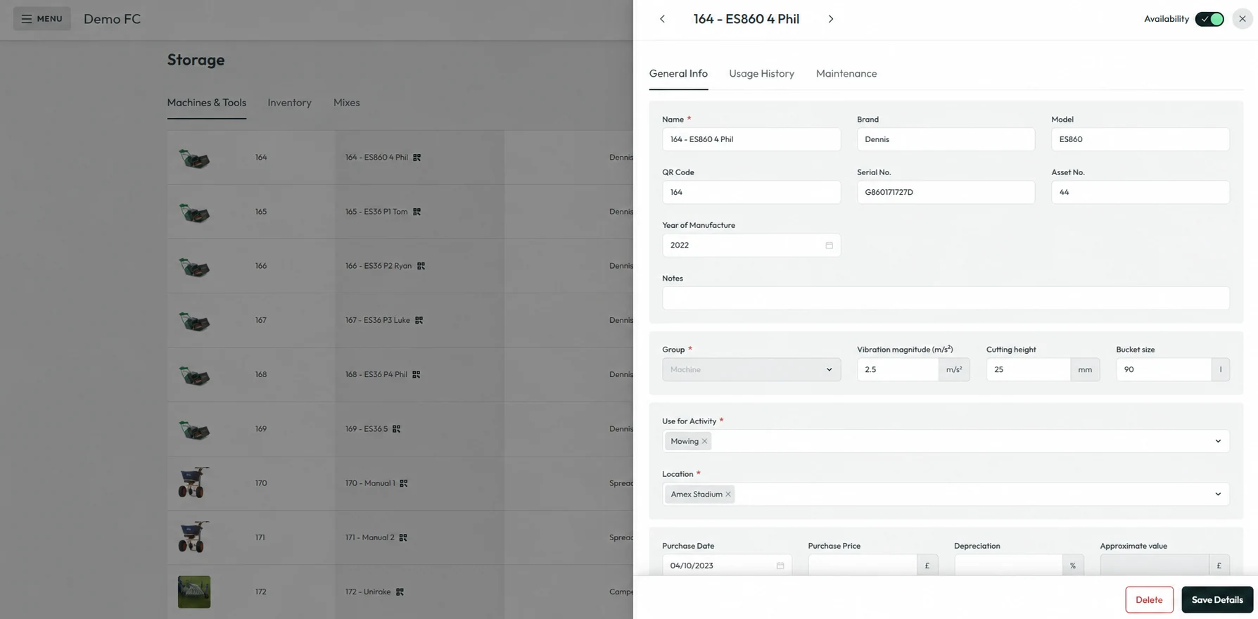 Demo FC storage with machinery inventory and an open mower details panel