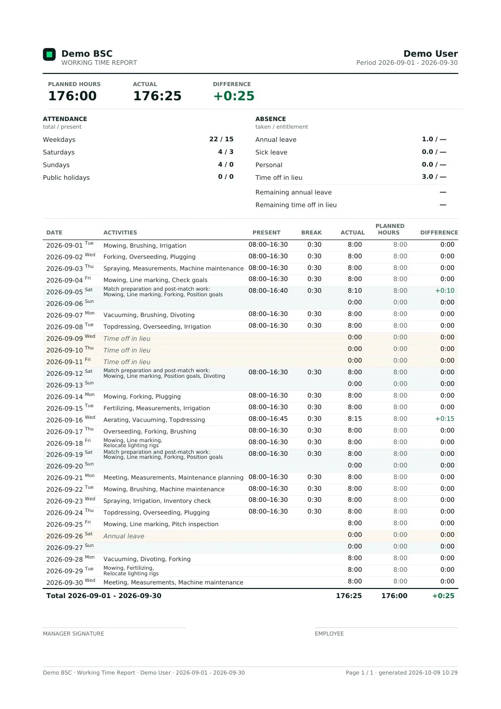 Working time report preview